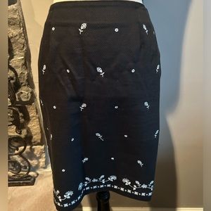 Talbots Black textured cotton with white embroidered flowers skirt